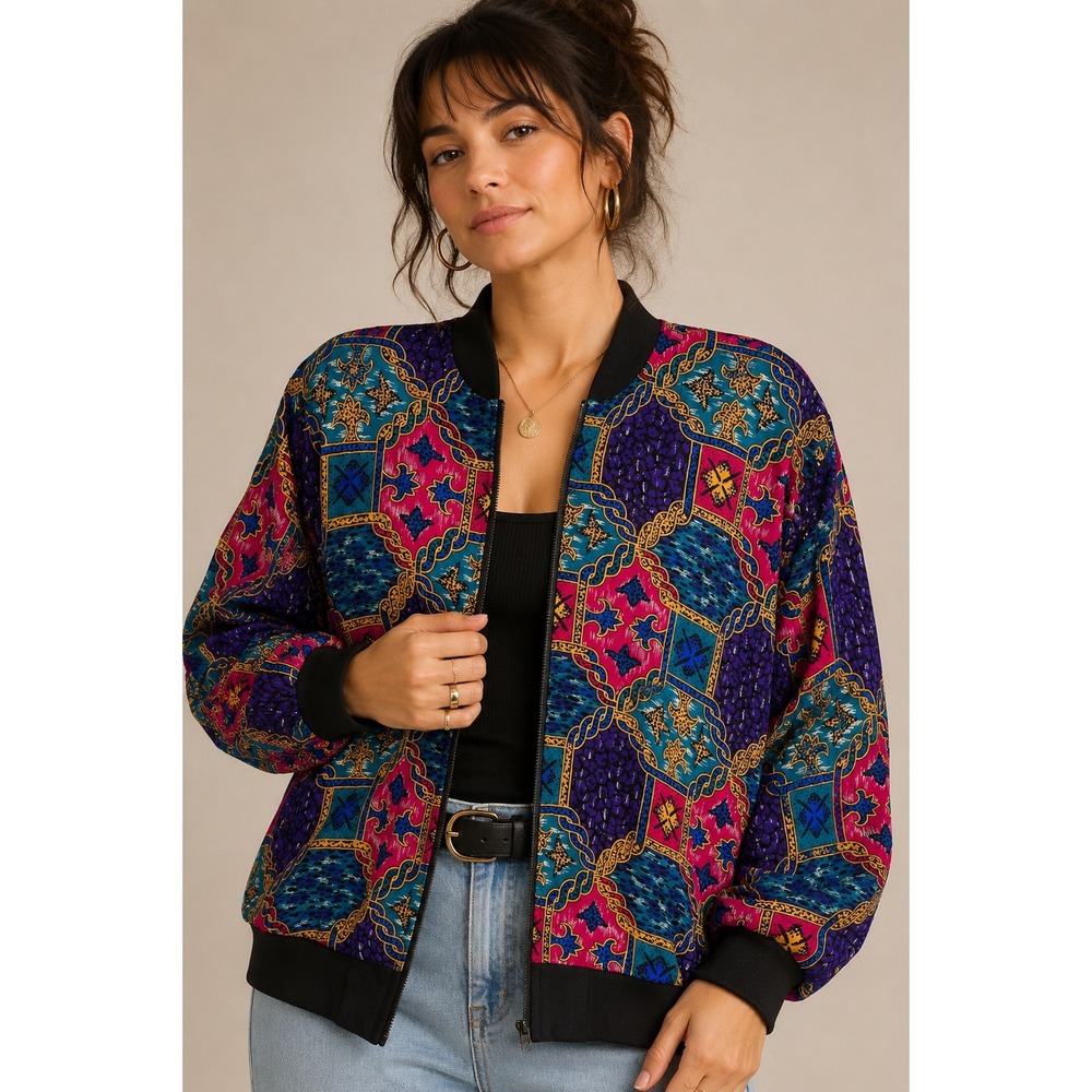 90s Rayon Bomber Jacket Abstract Colorblock Artsy Retro Festival Medium